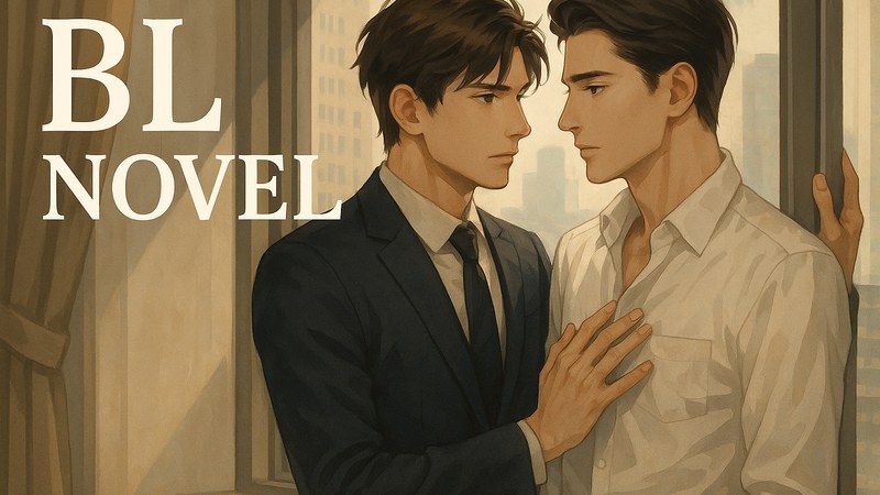 bl小说首页主视觉：两个身影在书页光影中并肩而立